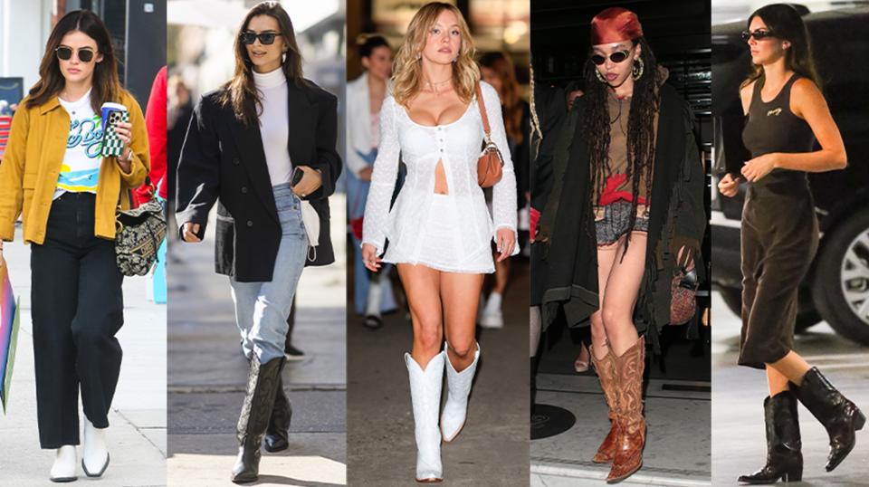 Lucy Hale, Emily Ratajkowski, Sydney Sweeney, FKA Twigs, and Kendall Jenner are seen wearing cowboy boots in a variety of colors and silhouettes