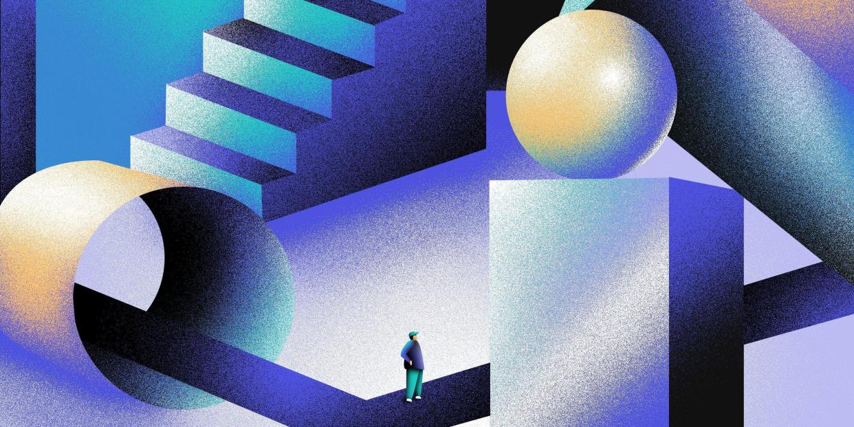 WDL Flow: Illustration featuring warm blue and gold hues and a person in a room with 3D geometric shapes such as cylinders and sphere. The person is standing on a walkway near a flight of stairs.