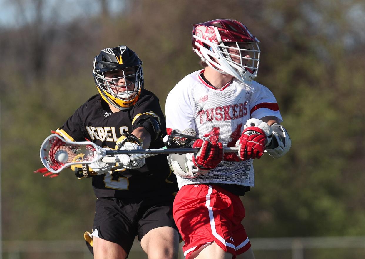 Somers Mason Kelly (11) fires a shot against Lakeland/Panas during boys lacrosse action at Somers High School April 16. 2024. Somers won the game10-5.