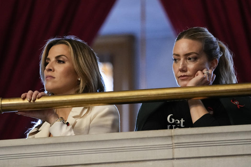 Covenant School parents Mary Joyce, left, and Melissa Alexander, right, observe the House of Representatives from the gallery on the first day of the 2024 legislative session Tuesday, Jan. 9, 2024, in Nashville, Tenn. (AP Photo/George Walker IV)