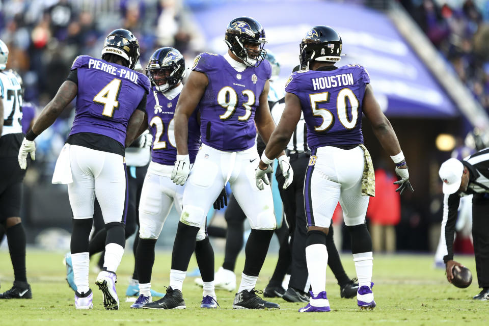 Calais Campbell #93 of the Baltimore Ravens helps the defense have fantasy value