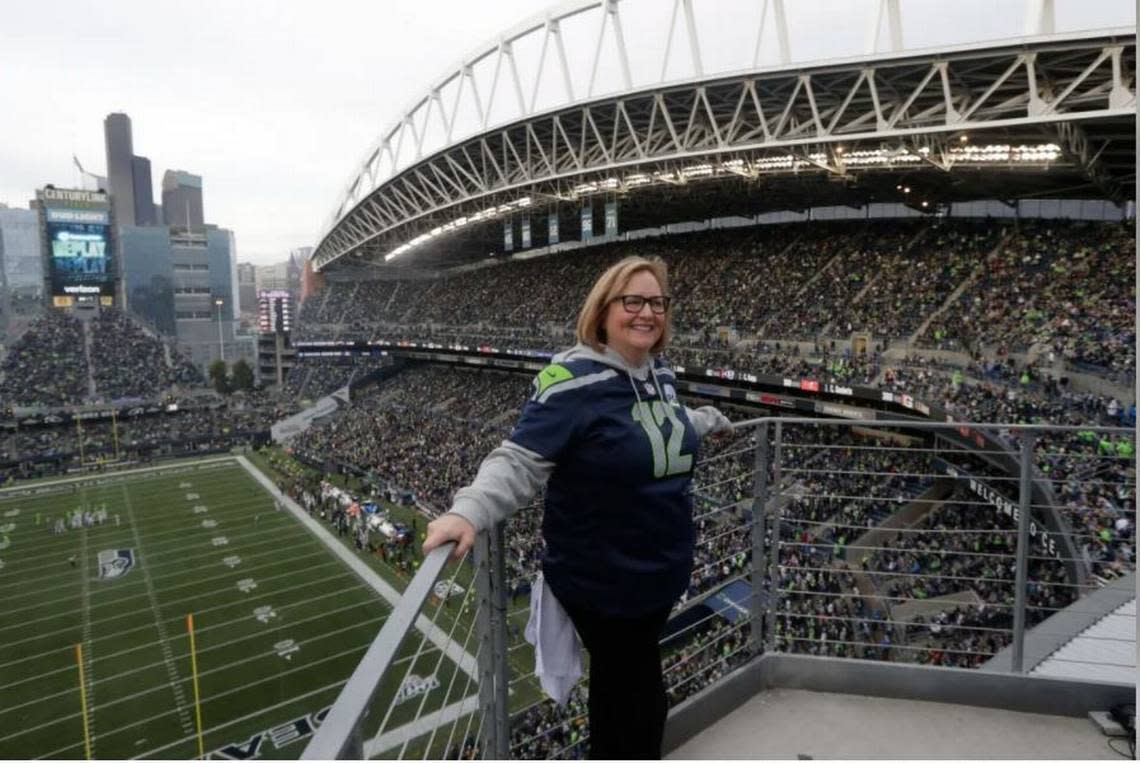 Seahawks chair Jody Allen after rasing the 12 Flag just before kickoff of the team’s game against the Los Angeles Rams on Oct. 3, 2019, at CenturyLink Field in Seattle.
