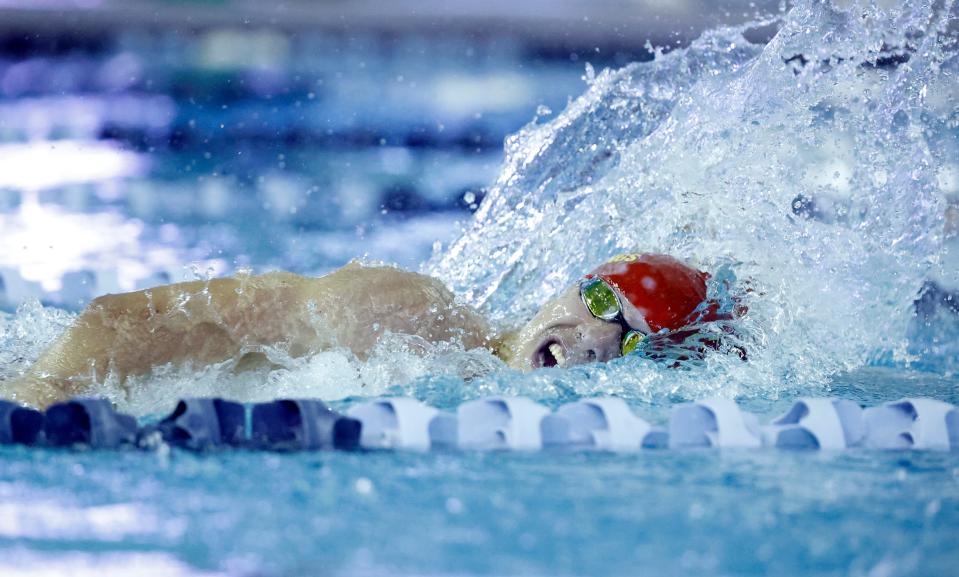 Coronado's Tyler Jackson swims the 500-yard freestyle race during the Lubbock Fall Invitational, Saturday, Nov. 6, 2021, at Pete Ragus Aquatic Center in Lubbock, Texas.