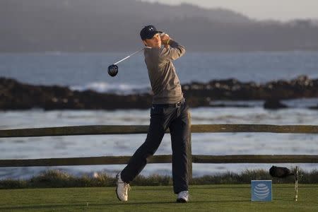 February 11, 2017; Pebble Beach, CA, USA; Jordan Spieth hits his tee shot on the 18th hole during the third round of the AT&T Pebble Beach Pro-Am golf tournament at Pebble Beach Golf Links. Mandatory Credit: Kyle Terada-USA TODAY Sports