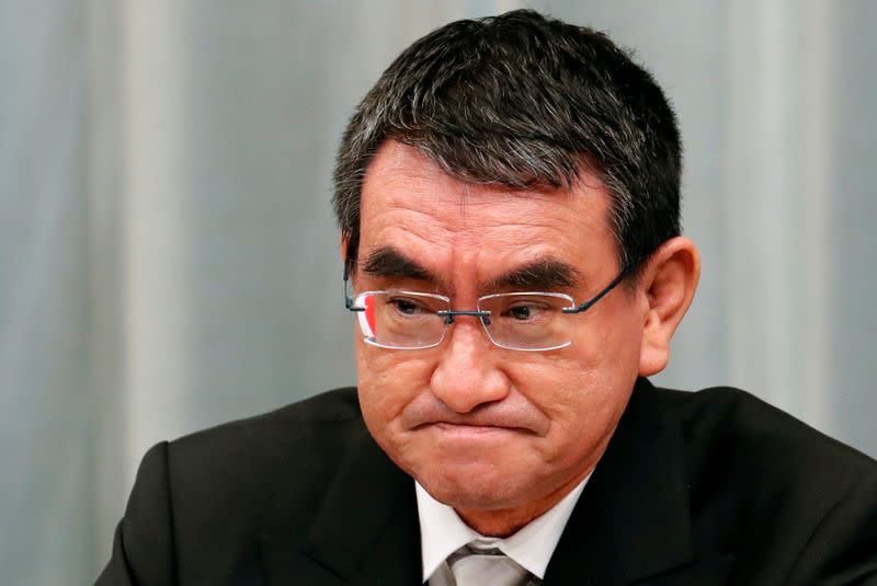 Japan's Minister in charge of administrative reform and regulatory reform Taro Kono attends a news conference in Tokyo