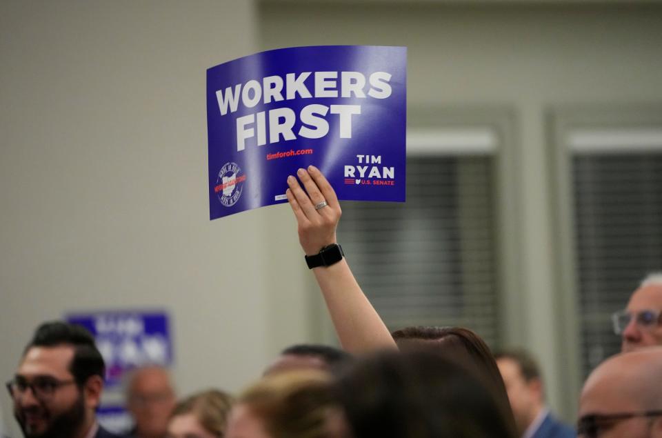 May 3, 2022; Columbus, Ohio, USA; Supporters cheer as U.S. Rep. Tim Ryan, a Democrat running for an Ohio U.S. Senate seat, speaks at the Firefighters Local 67 in Columbus after the polls closed on primary election day. Mandatory Credit: Adam Cairns-The Columbus Dispatch