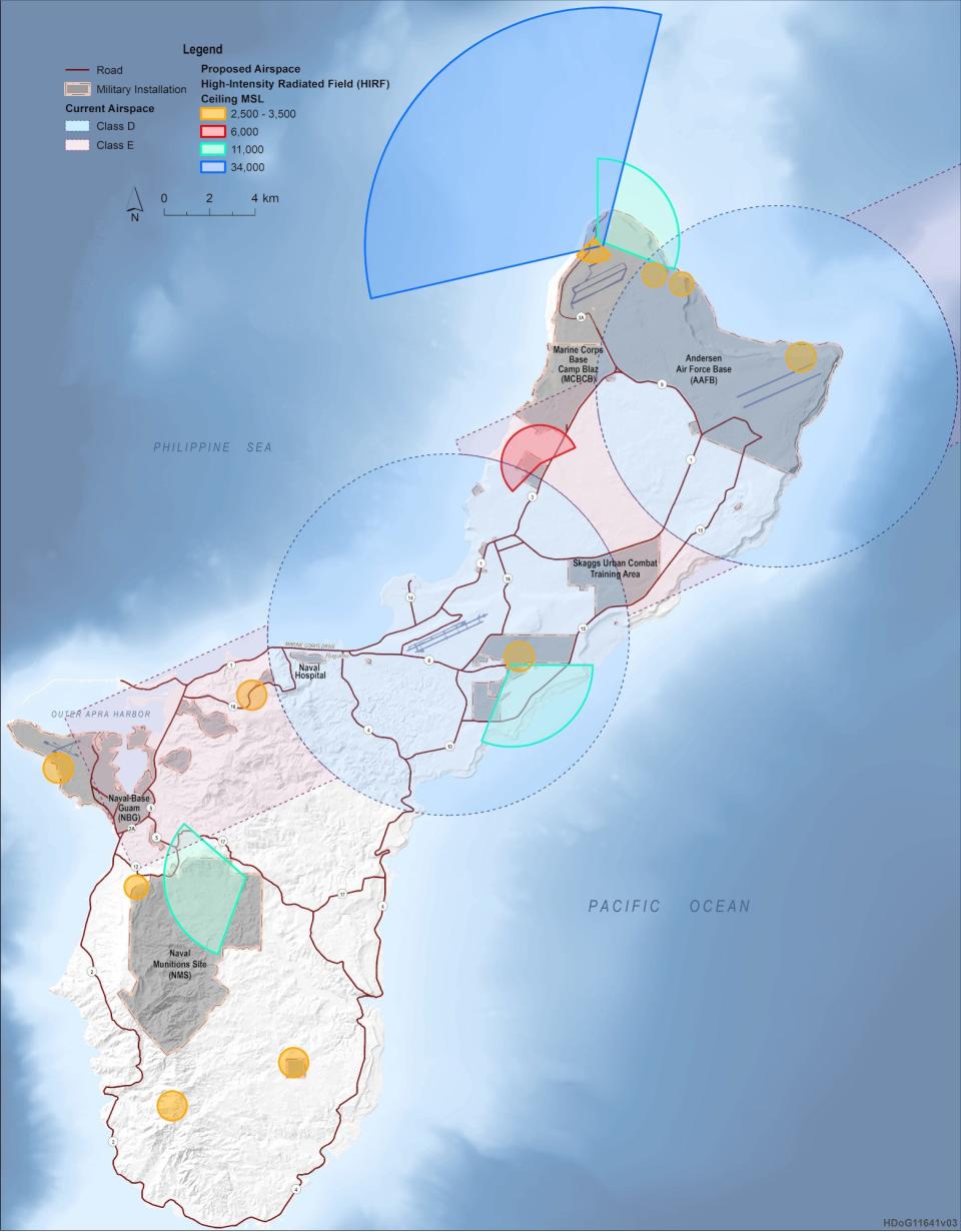 A map showing radar arcs and areas of restricted airspace associated with the Enhanced Integrated Air and Missile Defense system. <em>MDA</em>