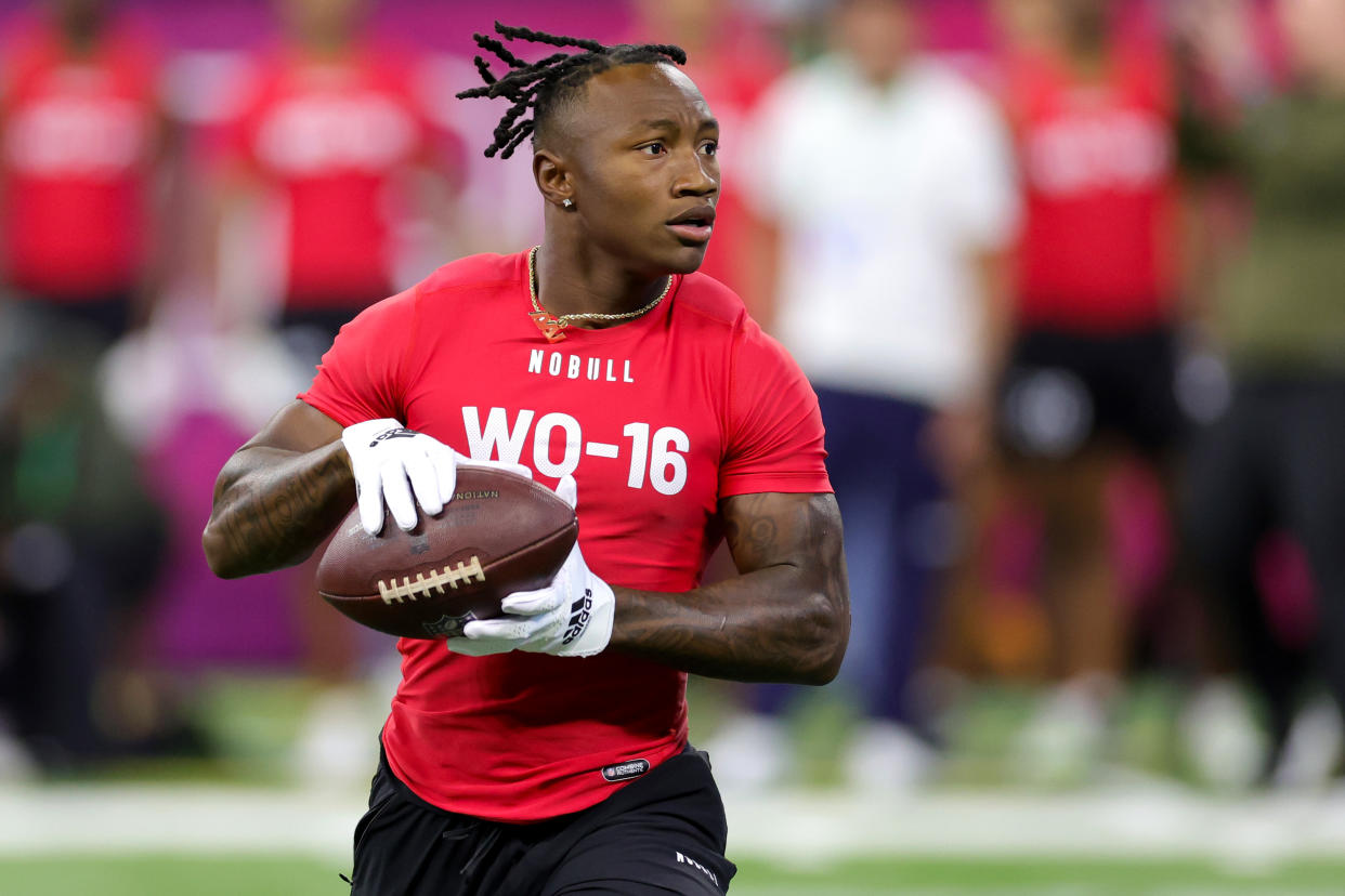 Wide receiver Zay Flowers of Boston College participates in a drill during the NFL Combine at Lucas Oil Stadium on March 04, 2023 in Indianapolis, Indiana. (Photo by Stacy Revere/Getty Images)