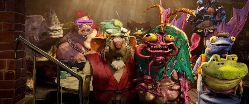 L-r, backrow to right side, ROCKSTEADY, BEBOP, RAY FILLET, LEATHERHEAD, WINGNUT, MONDO GECKO, GHENGIS FROG. Front center, SPLINTER and SCUMBUG in PARAMOUNT PICTURES and NICKELODEON MOVIES Present
A POINT GREY Production “TEENAGE MUTANT NINJA TURTLES: MUTANT MAYHEM”