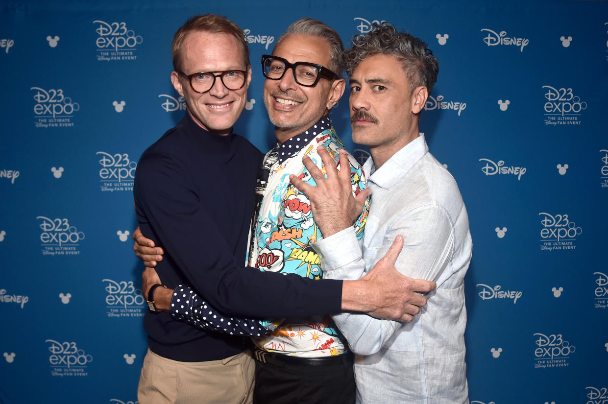 ANAHEIM, CALIFORNIA - AUGUST 23: (L-R) Paul Bettany of 'WandaVision,' Jeff Goldblum of 'The World According To Jeff Goldblum,' and Taika Waititi of 'The Mandalorian' took part today in the Disney+ Showcase at Disney’s D23 EXPO 2019 in Anaheim, Calif. 'WandaVision,' 'The World According To Jeff Goldblum,' and 'The Mandalorian' will stream exclusively on Disney+, which launches November 12. (Photo by Alberto E. Rodriguez/Getty Images for Disney)