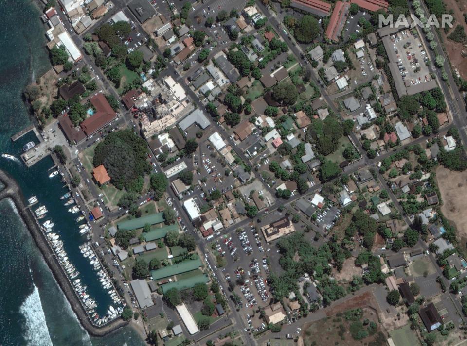 Maxar satellite imagery taken on June 25, 2023, of the historic Lahaina area of the Hawaiian island of Maui before the August wildfires that have engulfed large areas of the island.