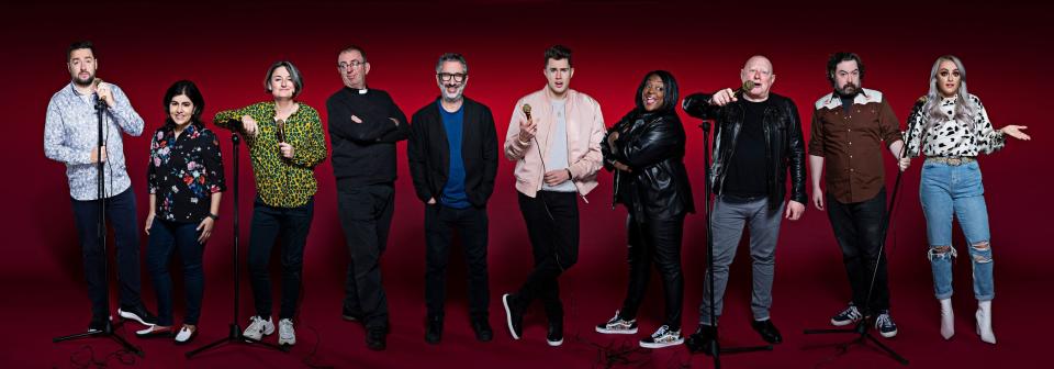 Stand Up & Deliver: L - R Jason Manford, Baroness Sayeeda Warsi, Zoe Lyons, Rev. Richard Cole, David Baddiel, Curtis Pritchard, Judi Love, Shaun Ryder, Nick Helm and Katie McGlynn. (Channel 4)