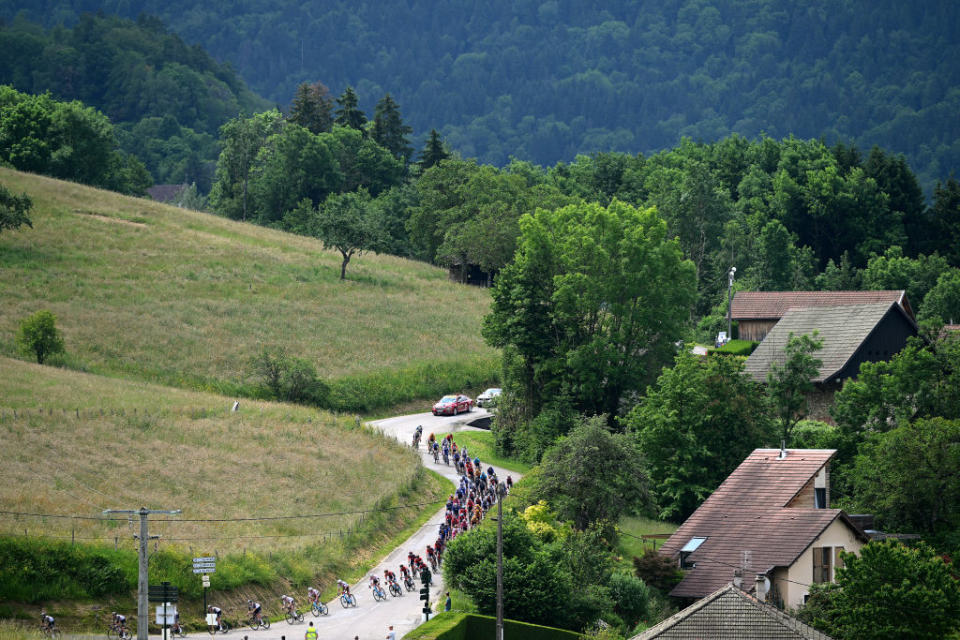 GRENOBLE ALPES MTROPOLE FRANCE  JUNE 11 A general view of the peloton competing at the Col de Pinet 806m during the 75th Criterium du Dauphine 2023 Stage 8 a 1528km stage from Le PontdeClaix to La Bastille  Grenoble Alpes Mtropole 498m  UCIWT  on June 11 2023 in Grenoble Alpes Mtropole France Photo by Dario BelingheriGetty Images