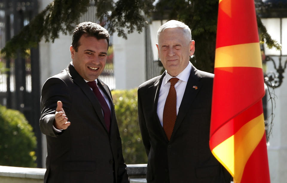 U.S. Defense Secretary James Mattis, right, is welcomed by Macedonian Prime Minister Zoran Zaev, left, upon his arrival at the government building in Skopje, Macedonia, Monday, Sept. 17, 2018. Mattis arrived in Macedonia Monday, condemning Russian efforts to use its money and influence to build opposition to an upcoming vote that could pave the way for the country to join NATO, a move Moscow opposes. (AP Photo/Boris Grdanoski)