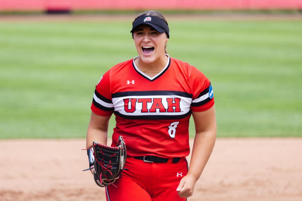 Utah pitcher Mariah Lopez (8) celebrates after a strike during the third game of the NCAA softball Super Regional between Utah and San Diego State at Dumke Family Softball Stadium in Salt Lake City on Sunday, May 28, 2023. | Ryan Sun, Deseret News