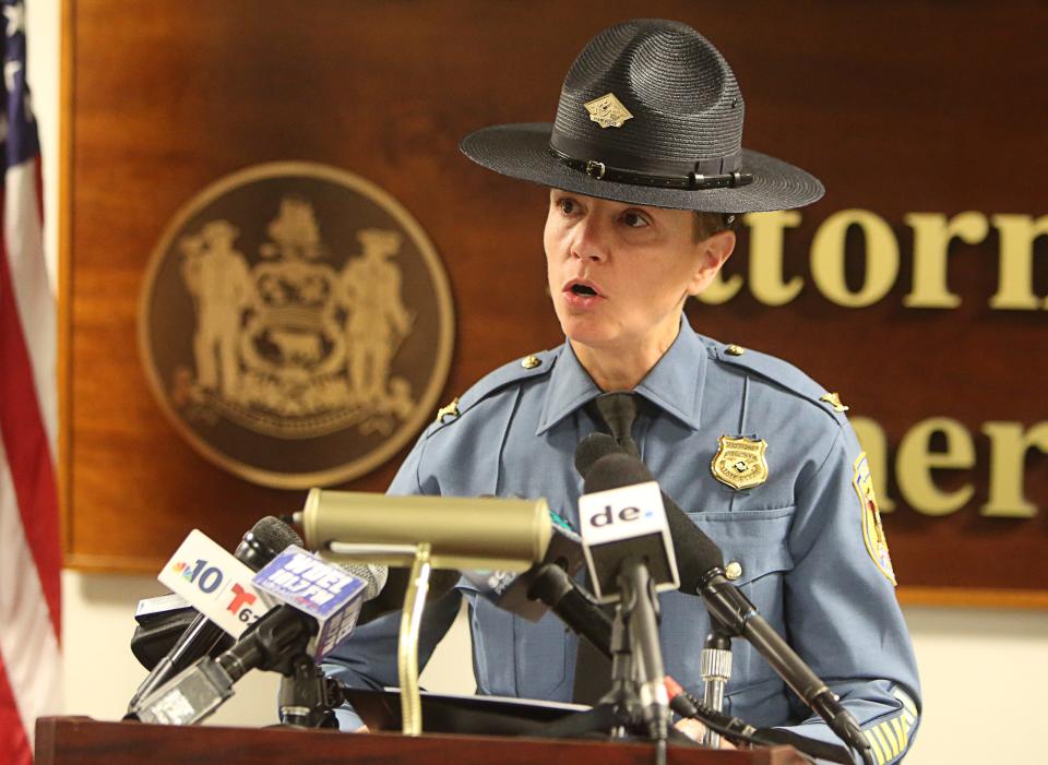 Col. Melissa Zebley, of the Delaware State Police, speaks at a press conference announcing charges filed against a state trooper.