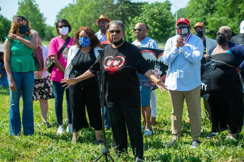 Ester Holzendorf, a mother, grandmother and great grandmother, asks the community to stop gun violence during a press conference held by the Southern Christian Leadership Conference of Greater Kansas City on Saturday morning at the intersection of Dr. Martin Luther King Jr. Blvd and The Paseo on June 12, 2021.