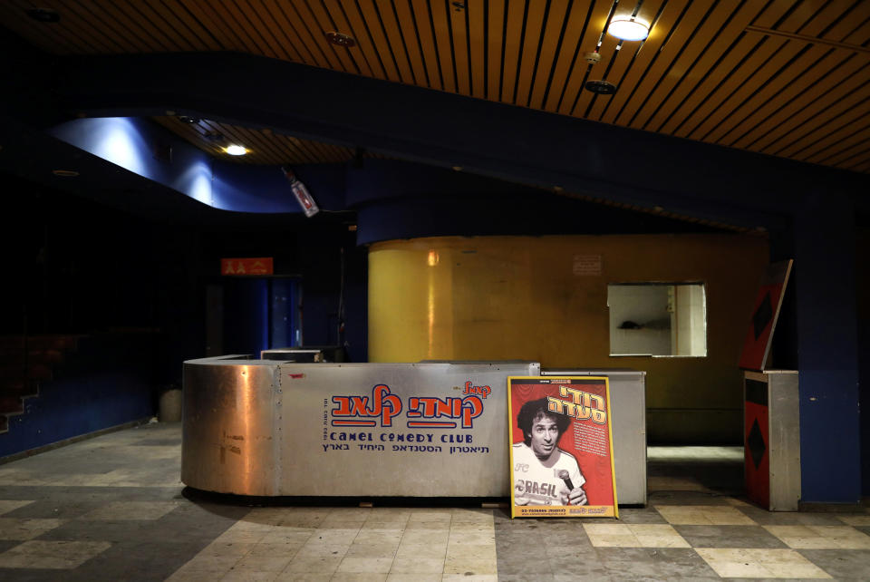 A poster outside an abandoned cinema in the basement of the Central Bus Station on April 2. (Photo: Corinna Kern/Reuters)