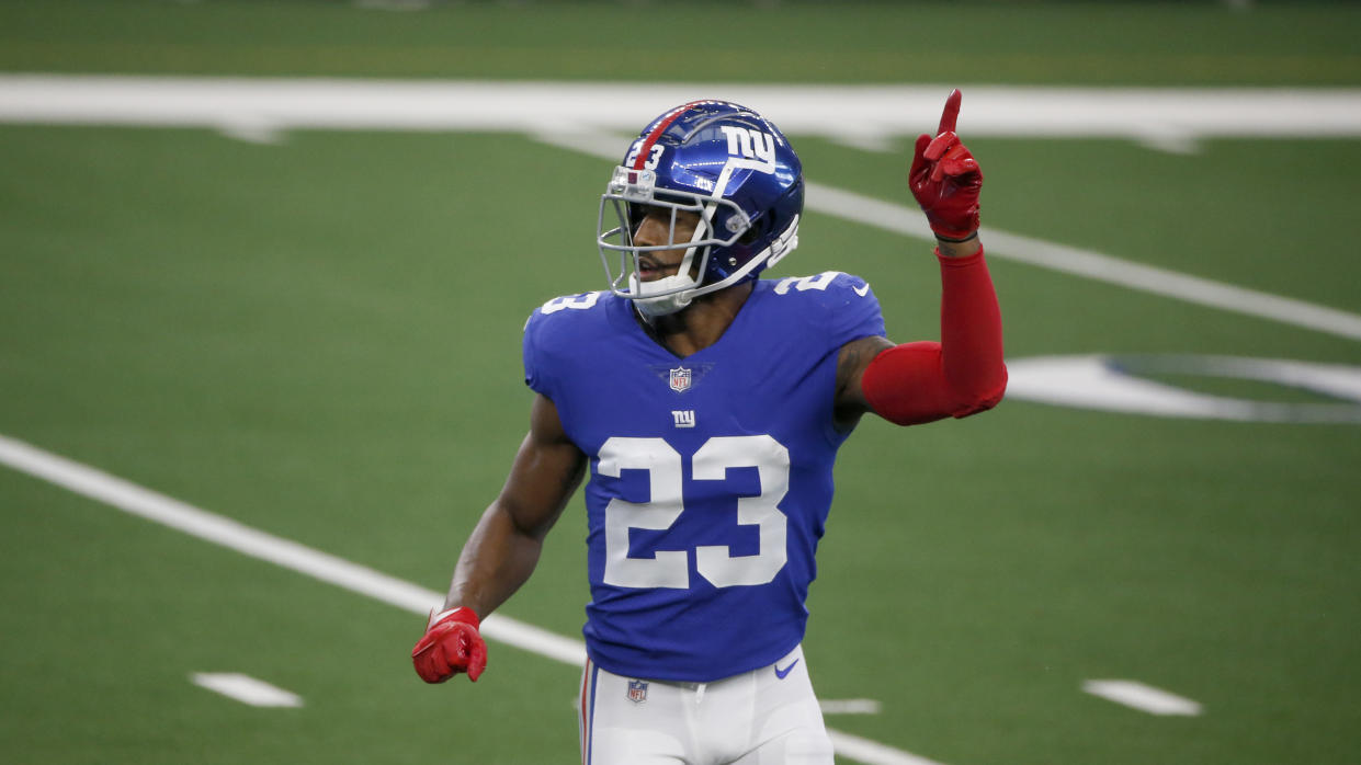 New York Giants cornerback Logan Ryan (23) defends against the Dallas Cowboys during the first half of an NFL Football game in Arlington, Texas, Sunday, Oct. 11, 2020. (AP Photo/Michael Ainsworth)