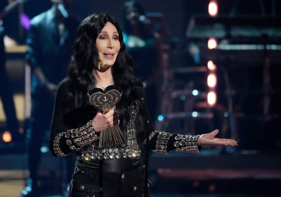 Cher accepts the Icon Award during the iHeartRadio Music Awards, Monday, April 1, 2024, at the Dolby Theatre in Los Angeles. (AP Photo/Chris Pizzello)