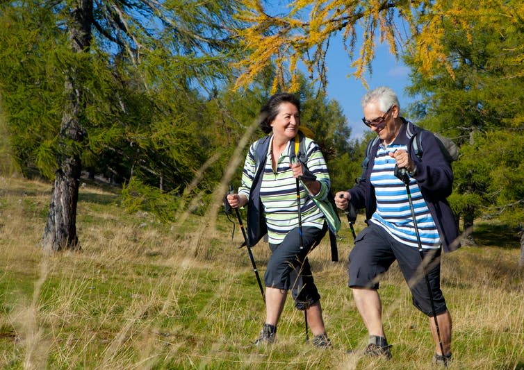 An older couple use trekking sticks while hiking.