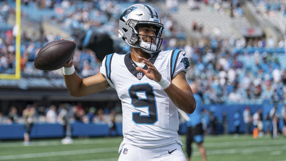 Carolina Panthers quarterback Bryce Young warms up before an NFL preseason football game against the New York Jets, Saturday, Aug. 12, 2023, in Charlotte, N.C. (AP Photo/Jacob Kupferman)