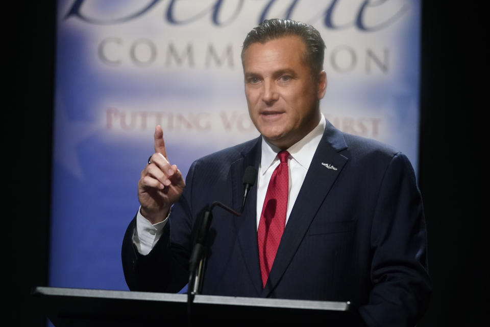 Democrat Thomas McDermott speaks during a U.S. Senate debate, Sunday, Oct. 16, 2022, in Indianapolis. (AP Photo/Darron Cummings, Pool)