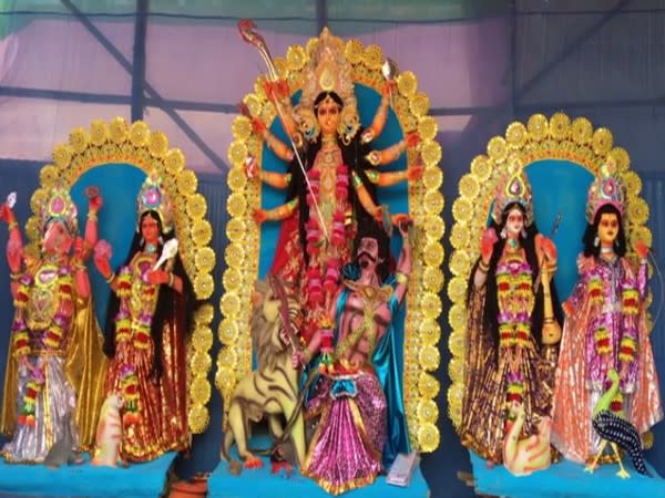 A view of idols of Gods and Goddesses at a Durga Puja pandal in Agartala. Photo/ANI