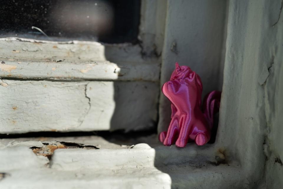 Small 3-D printed unicorn found in the window of Nick-A-Nees in Providence on February 20, 2024.