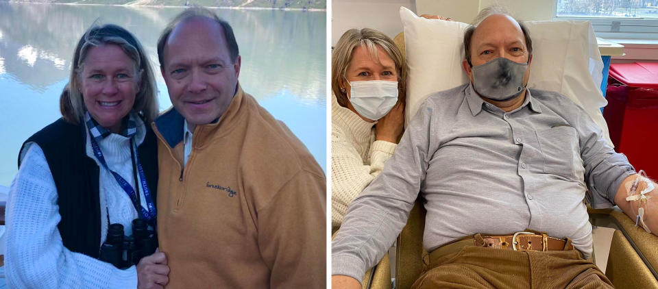 Ann and John Domeck on a trip to Alaska in 2021, timed between infusions while he was in the study; Ann and John during John's infusion at the Cleveland Clinic in Jan 2023<span class="copyright">Domeck Family</span>