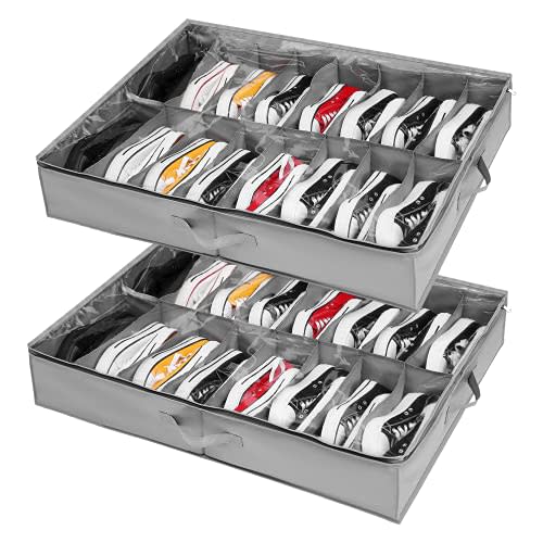 Under Bed Shoe Storage Organiser Set of 2, Fits 32 Pairs Total, Underbed Shoe Box/ Containers W/ Reinforced Handles, Clear Foldable Organiser Adjustable Dividers W/ Bottom Support Velcro