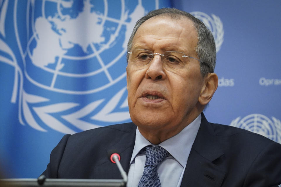 Russia's Foreign Minister Sergey Lavrov speaks during a news conference at the United Nations, Tuesday April 25, 2023. (AP Photo/Bebeto Matthews)