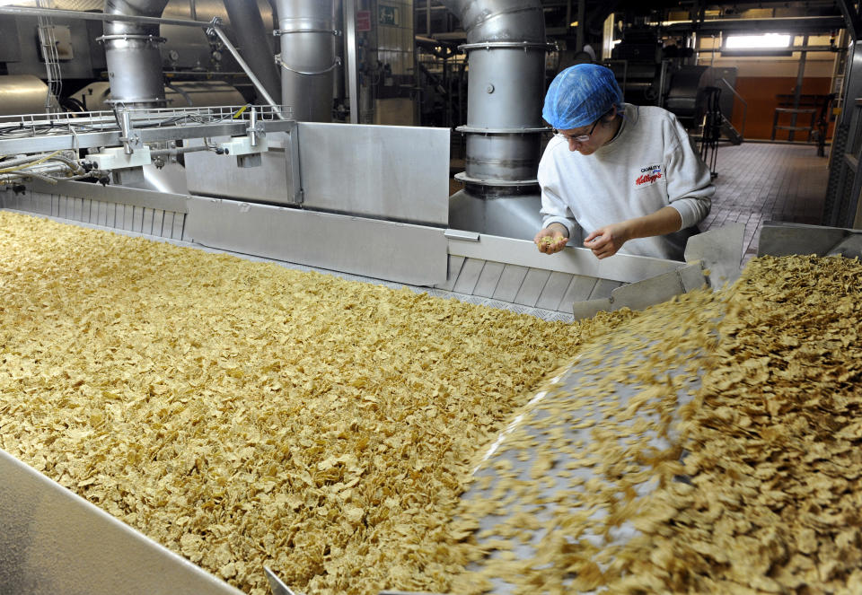 An employee of the Kellogg Deutschland GmbH examines the breakfast cereal 'Cornflakes' in the production in the Kellogg's plant in Bremen, Germany, 16 October 2013. For fifty years now, the different cornflakes products of the US cereal producer are produced in Bremen. The more than 100 year old company celebrated the 50 year anniversary of the Bremen plant. Photo: Ingo Wagner/dpa | usage worldwide   (Photo by Ingo Wagner/picture alliance via Getty Images)