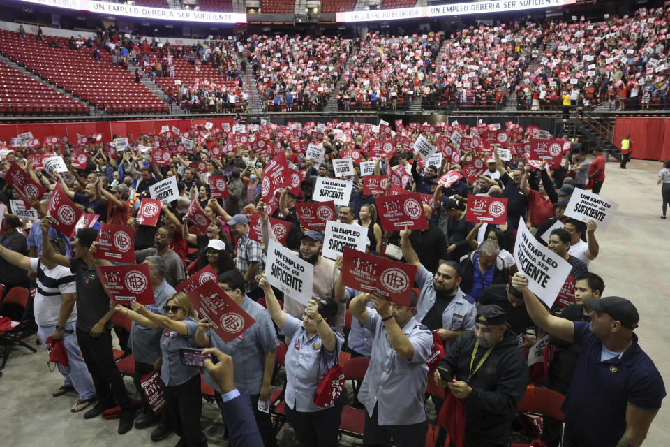 Culinary Union members rally ahead of a strike vote Tuesday, Sept. 26, 2023, at Thomas & Mack Center on the UNLV campus in Las Vegas. Tens of thousands of hospitality workers who keep the iconic casinos and hotels of Las Vegas humming were set to vote Tuesday on whether to authorize a strike amid ongoing contract negotiations. (K.M. Cannon/Las Vegas Review-Journal via AP)