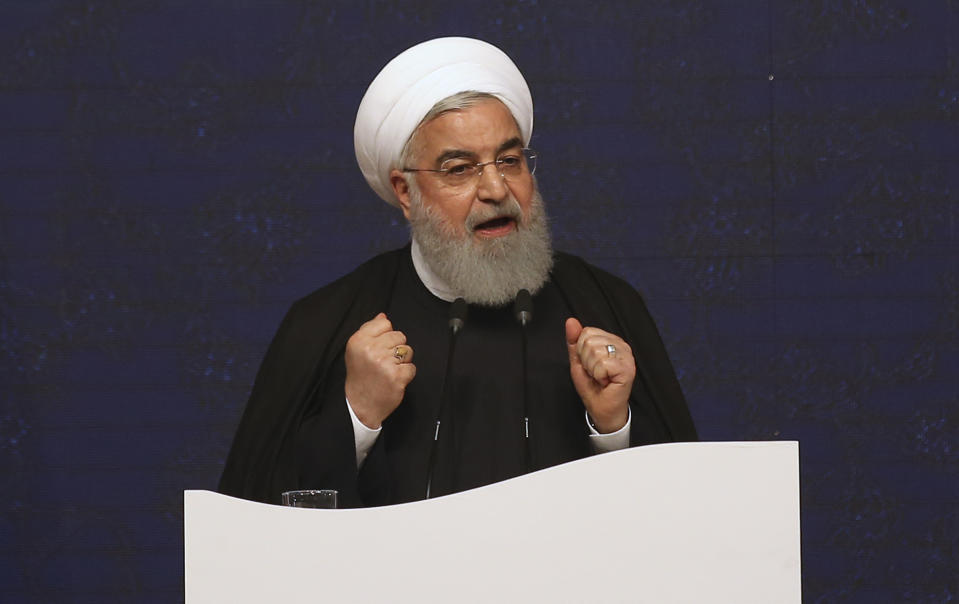 ADDITION: ADDS DATE - Iranian President Hassan Rouhani speaks during the inauguration ceremony of four projects at the South Pars gas field on the northern coast of the Persian Gulf, in Asaluyeh, Iran, Sunday, March 17, 2019. Iran said the development will allow Iran to overtake Qatar in the production of natural gas. The two countries are among the biggest gas producers in the world, and share the South Pars gas field. (AP Photo/Vahid Salemi)