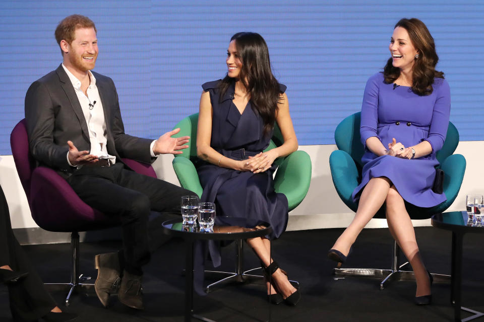 Prince Harry, Meghan Markle and Catherine, Duchess of Cambridge attend the first annual Royal Foundation Forum on February 28, 2018 in London. (Photo: Chris Jackson/AFP/Getty Images)