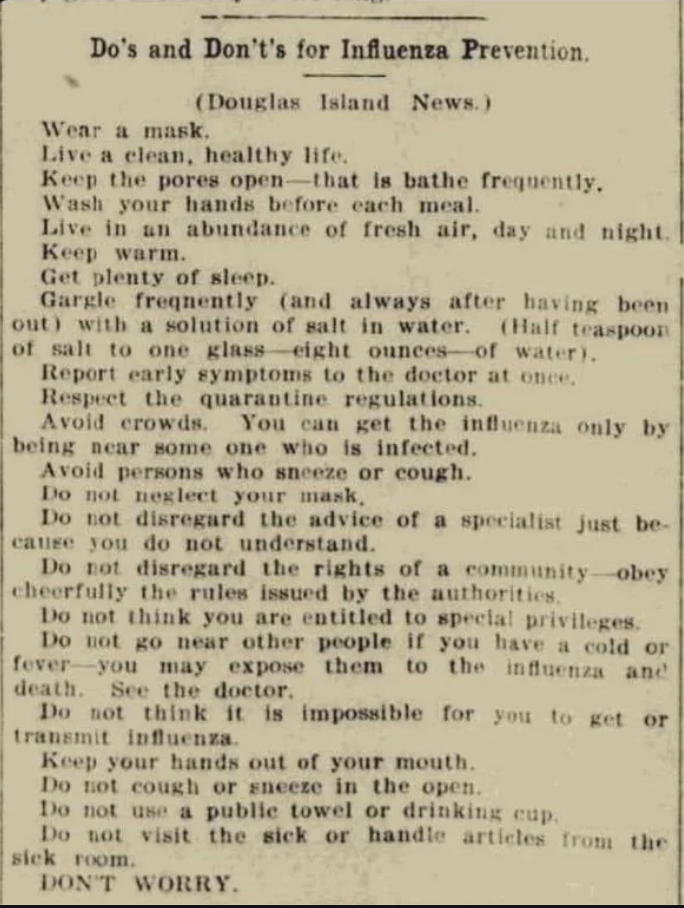 Article listing dos and don'ts for influenza prevention, stressing hygiene, fresh air, and consulting doctors, not panic