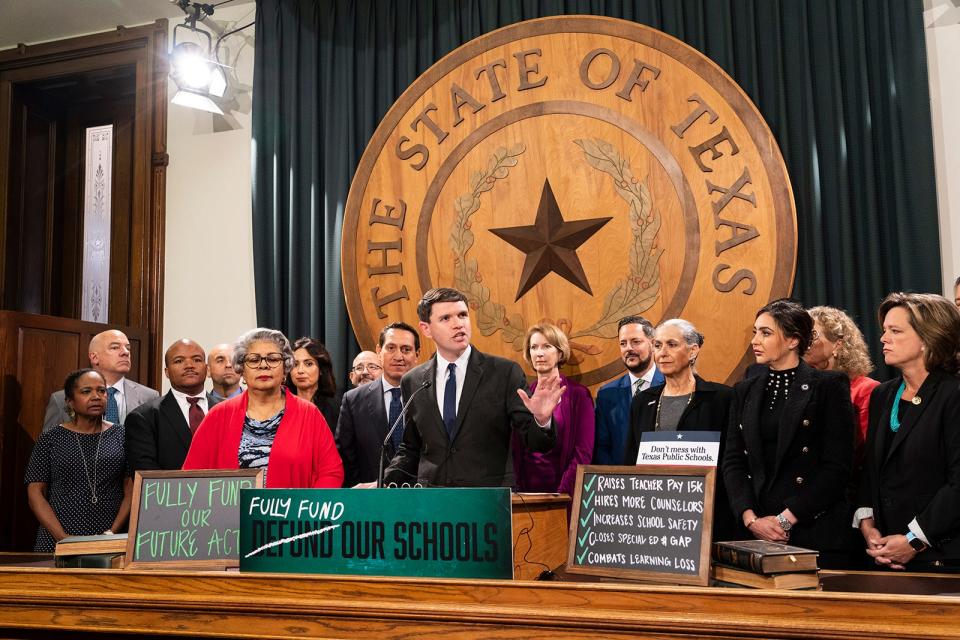 Rep. James Talarico, D-Austin, speaks to the press as Texas democrats announce the Fully Fund Our Future Act at the Texas Capitol Thursday, Oct. 19, 2023.