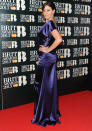 BRITs 2013: Lisa Snowdon flaunted her curvy figure in a midnight-blue gown on the red carpet ©Rex