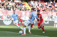 Lazio's Ciro Immobile scores his side's first goal of the game during the Serie A soccer match between Monza and Lazio at the U-Power Stadium in Monza, Italy, Saturday May 4 , 2024. (Alberto Mariani/LaPresse via AP)