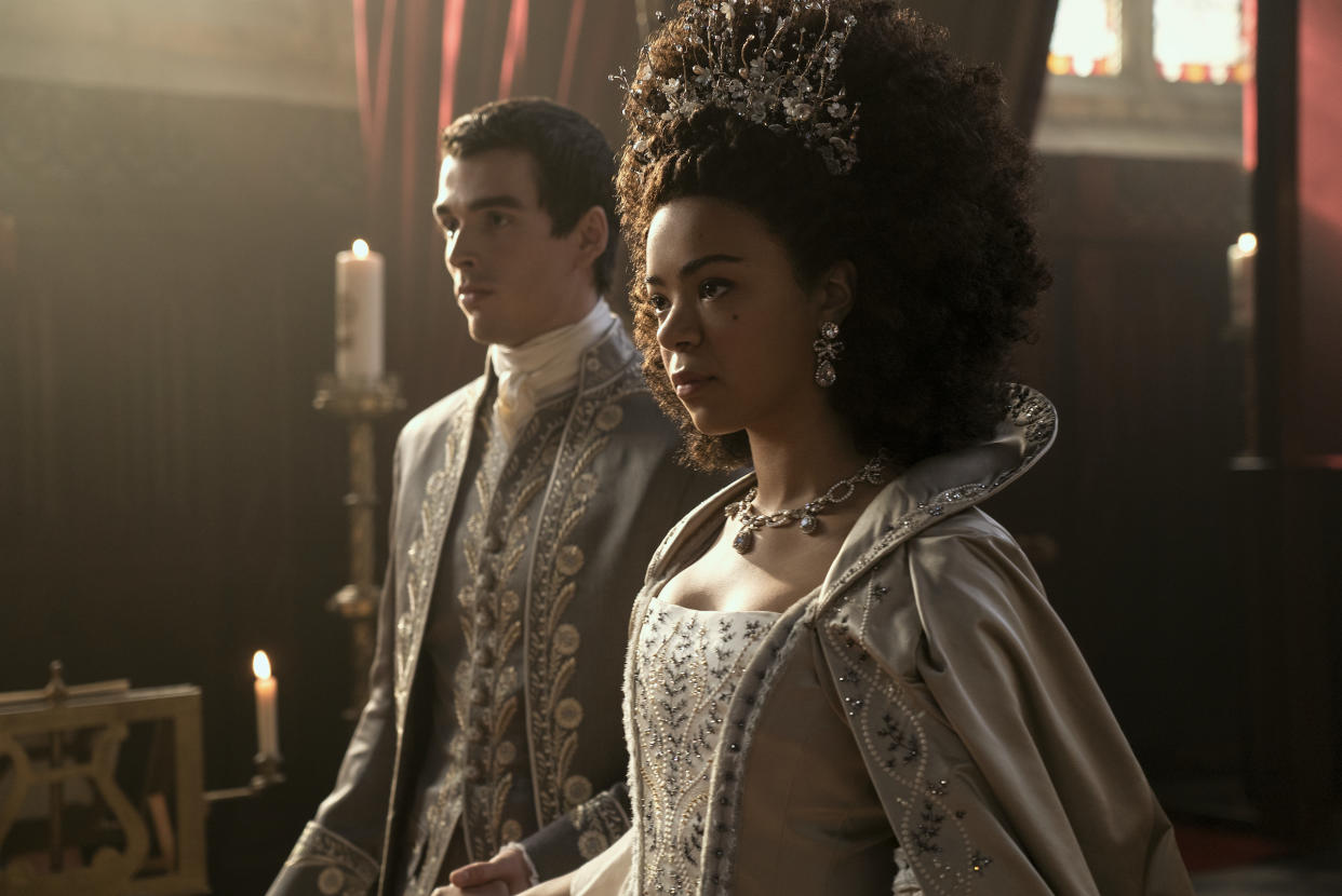 Queen Charlotte: A Bridgerton Story. (L to R) Corey Mylchreest as Young King George, India Amarteifio as Young Queen Charlotte in episode 101 of Queen Charlotte: A Bridgerton Story. Cr. Liam Daniel/Netflix © 2023