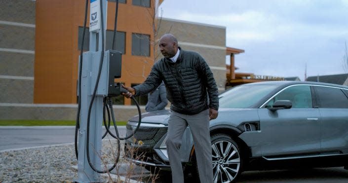 One of the chargers by Young Chevrolet Cadillac in Owosso, Mich., that is part of General Motors' Dealer Community Charging Program. Since the program was announced in 2021, about a quarter of all GM dealers in North America have signed up to provide the public with EV charging stations. The program initially opened to Chevrolet dealers in 2022 and will expand to Buick, GMC and Cadillac dealers in January 2023.