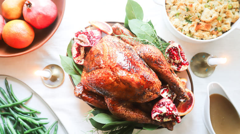 Thanksgiving turkey dinner spread on table