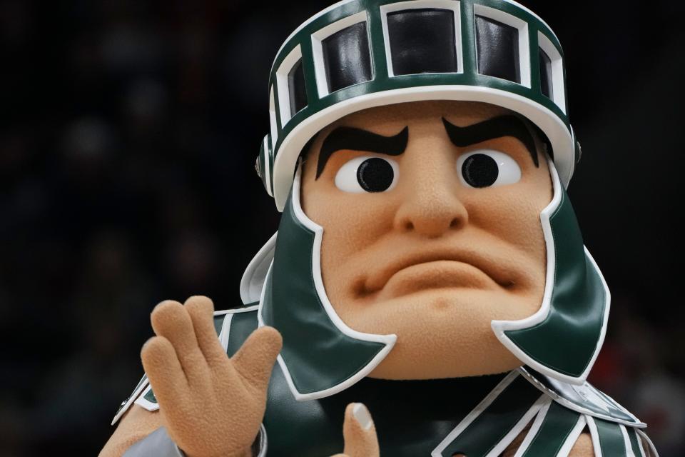 Michigan State mascot Sparty performs during the first half of a Big Ten tournament quarterfinal Friday, March 10, 2023, in Chicago.