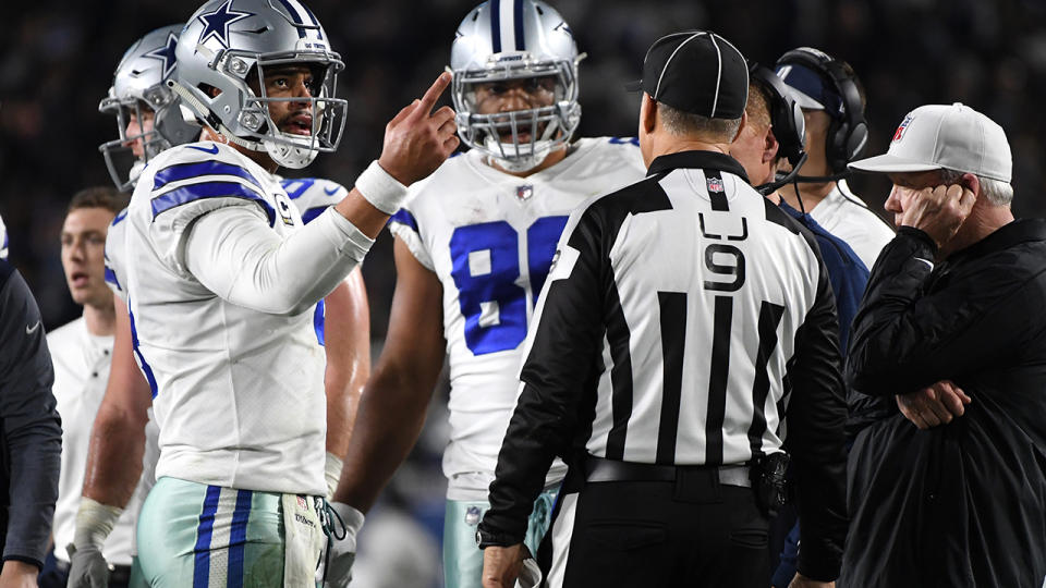 Dak Prescott questions the call. (Photo by Harry How/Getty Images)