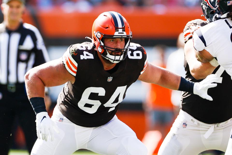 Cleveland Browns center J.C. Tretter plays against the Houston Texans during the second half on Sept. 19, 2021, in Cleveland. Tretter is also president of the NFL Players Association.