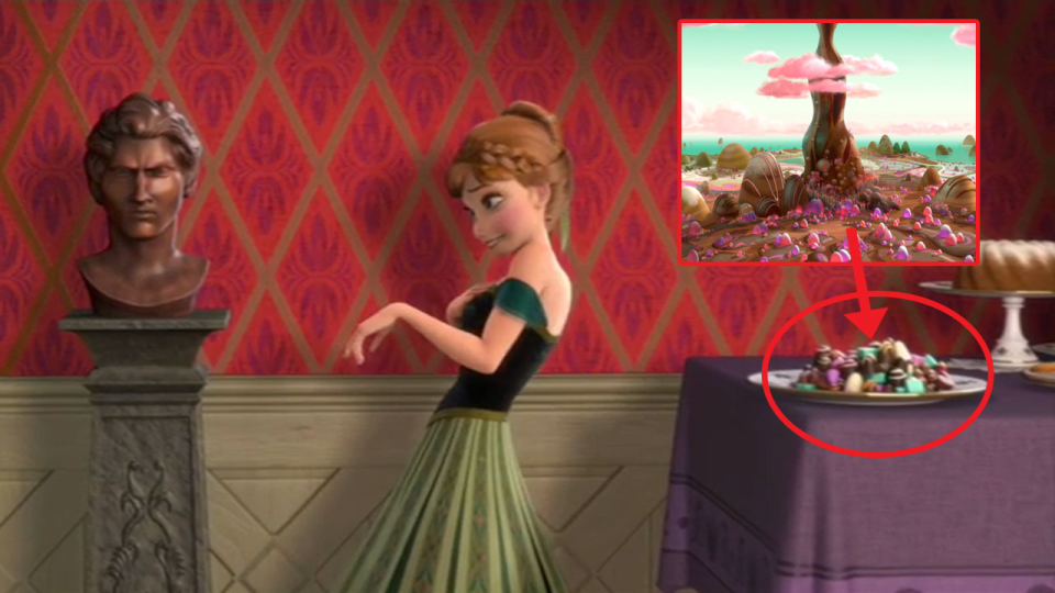 Wreck-It Ralph Frozen homage: The plate of chocolates that Anna stuffs into her mouth during ‘For The First Time In Forever’ is a nod to Sugar Rush, the sickly-sweet fantasy world of Disney’s last animation ‘Wreck-It Ralph’.