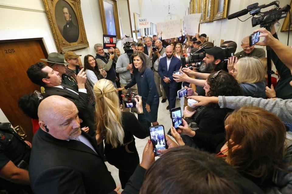 Republican presidential candidate Nikki Haley files paperwork at the New Hampshire State House to get on the New Hampshire 2024 Republican presidential primary ballot on Oct 13, 2023.
