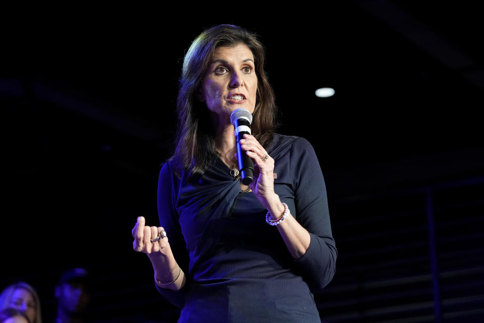 Republican presidential candidate former UN Ambassador Nikki Haley speaks at a campaign event in Forth Worth, Texas, Monday, March 4, 2024. (AP Photo/Tony Gutierrez)