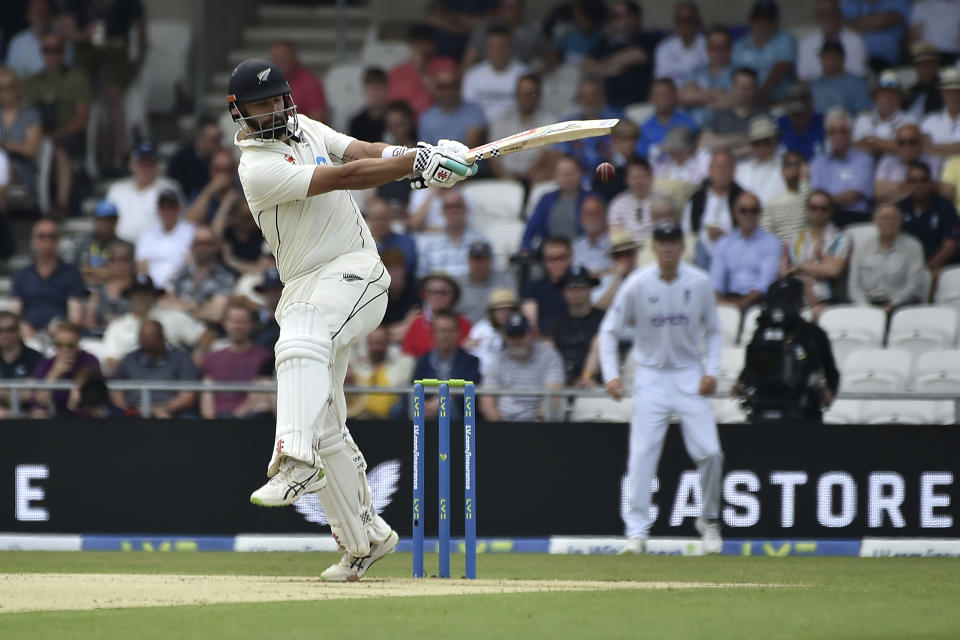 New Zealand's Daryl Mitchell bats during the second day of the third cricket test match between England and New Zealand at Headingley in Leeds, England, Friday, June 24, 2022. (AP Photo/Rui Vieira)